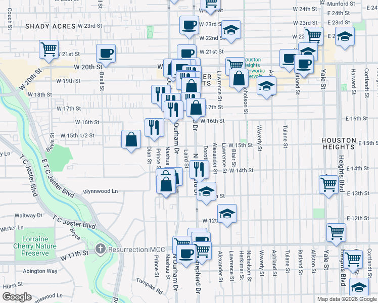 map of restaurants, bars, coffee shops, grocery stores, and more near 1432 Laird Street in Houston