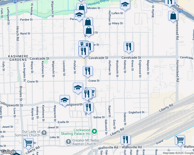 map of restaurants, bars, coffee shops, grocery stores, and more near 5111 Crane Street in Houston