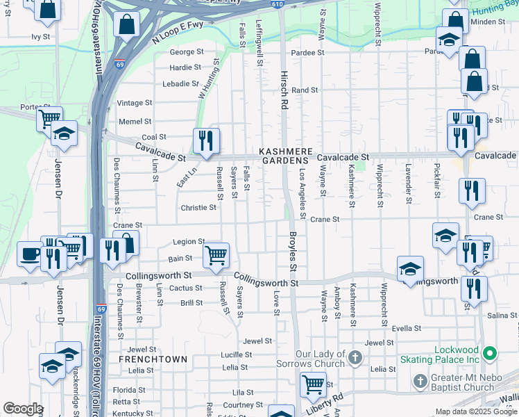 map of restaurants, bars, coffee shops, grocery stores, and more near 4018 Leffingwell Street in Houston