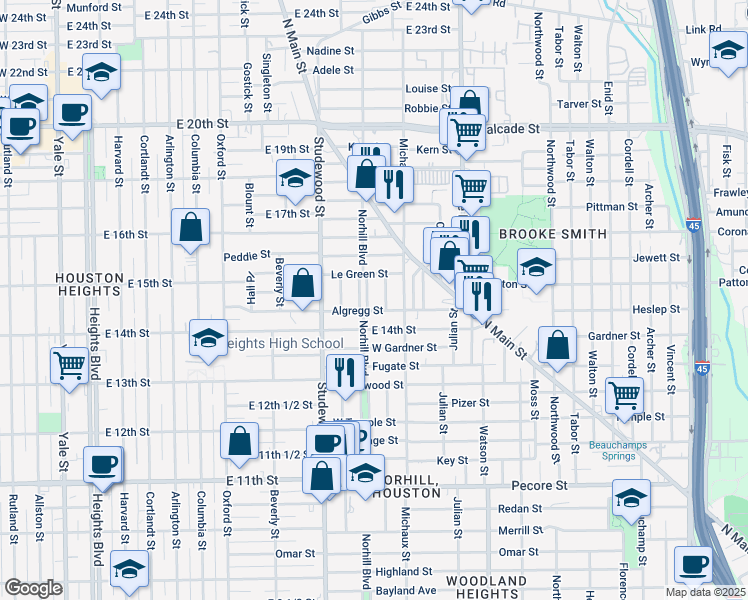 map of restaurants, bars, coffee shops, grocery stores, and more near 4610 Pineridge Street in Houston
