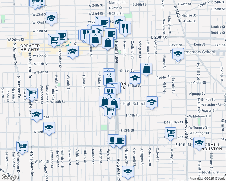 map of restaurants, bars, coffee shops, grocery stores, and more near in Houston
