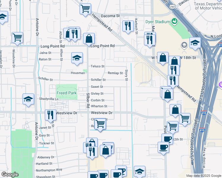 map of restaurants, bars, coffee shops, grocery stores, and more near 6501 Saxet Street in Houston