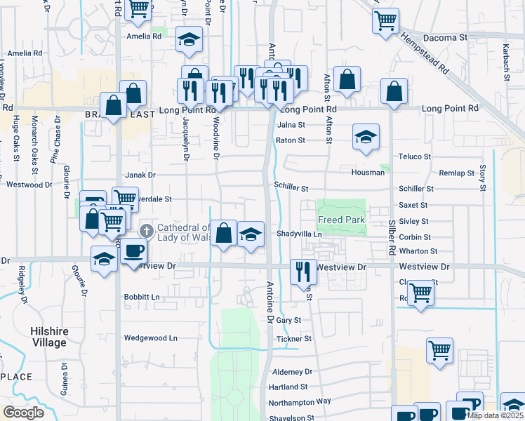map of restaurants, bars, coffee shops, grocery stores, and more near 1518 Whispering Pines Drive in Houston