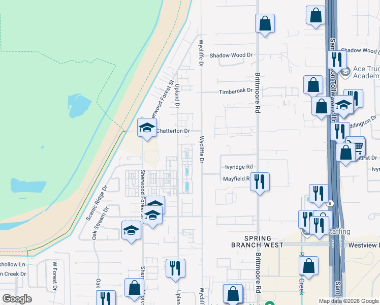 map of restaurants, bars, coffee shops, grocery stores, and more near 1823 Wrenwood Lakes Drive in Houston