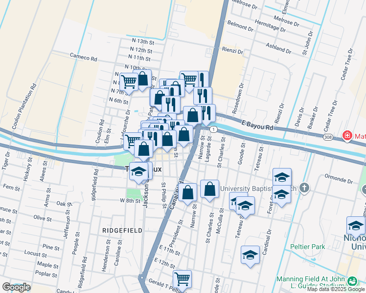 map of restaurants, bars, coffee shops, grocery stores, and more near 299 West 3rd Street in Thibodaux
