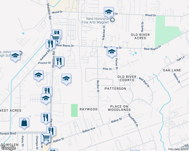 map of restaurants, bars, coffee shops, grocery stores, and more near 16030 Upshire Street in Channelview