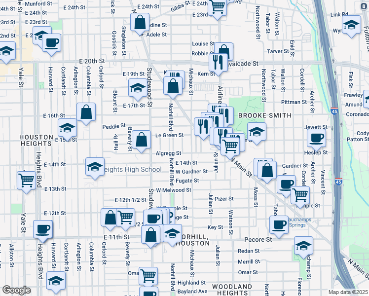 map of restaurants, bars, coffee shops, grocery stores, and more near 4610 Pineridge Street in Houston