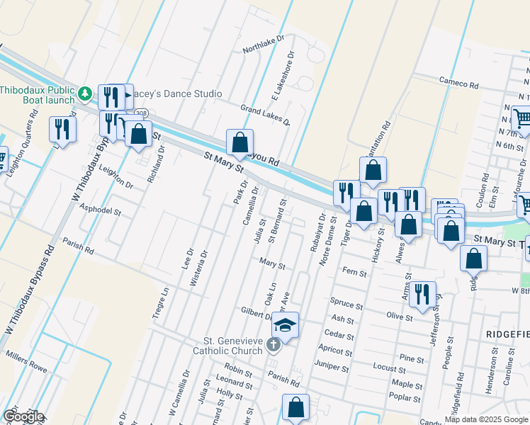 map of restaurants, bars, coffee shops, grocery stores, and more near 111 Julia Street in Thibodaux