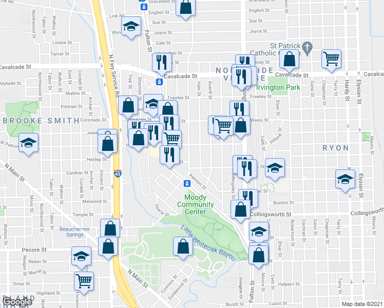 map of restaurants, bars, coffee shops, grocery stores, and more near 4110 Beggs Street in Houston