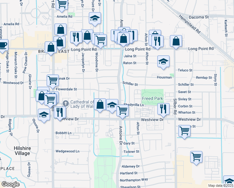 map of restaurants, bars, coffee shops, grocery stores, and more near 1518 Whispering Pines Drive in Houston