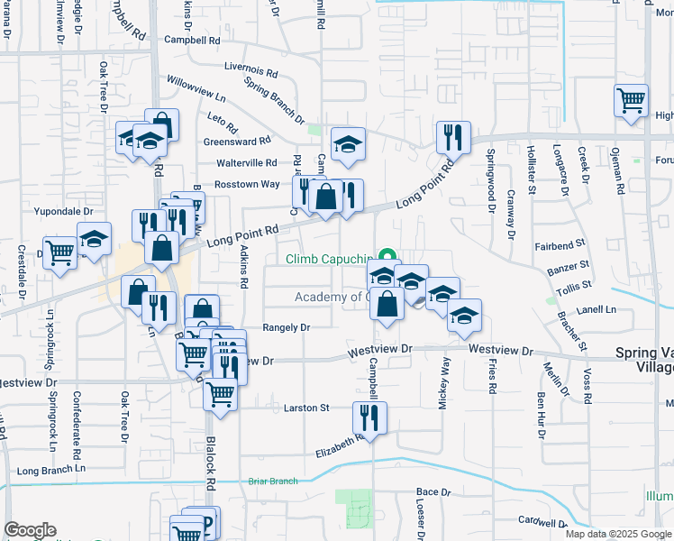 map of restaurants, bars, coffee shops, grocery stores, and more near 1450 Billings Drive in Houston