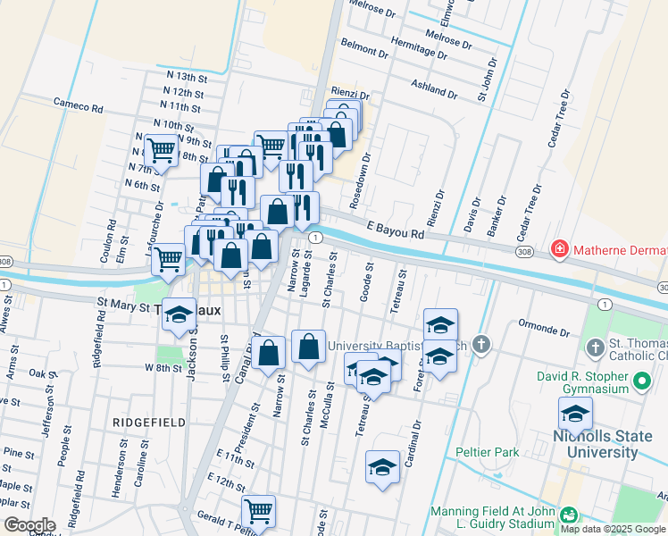 map of restaurants, bars, coffee shops, grocery stores, and more near 235 Saint Charles Street in Thibodaux