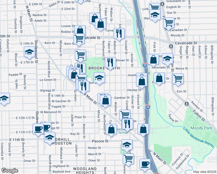 map of restaurants, bars, coffee shops, grocery stores, and more near 705 Tabor Street in Houston