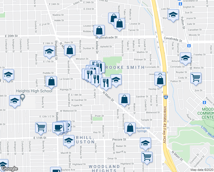 map of restaurants, bars, coffee shops, grocery stores, and more near 4412 Edsee Street in Houston