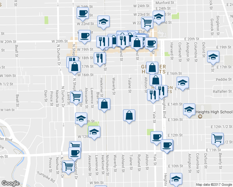 map of restaurants, bars, coffee shops, grocery stores, and more near 1432 Waverly Street in Houston