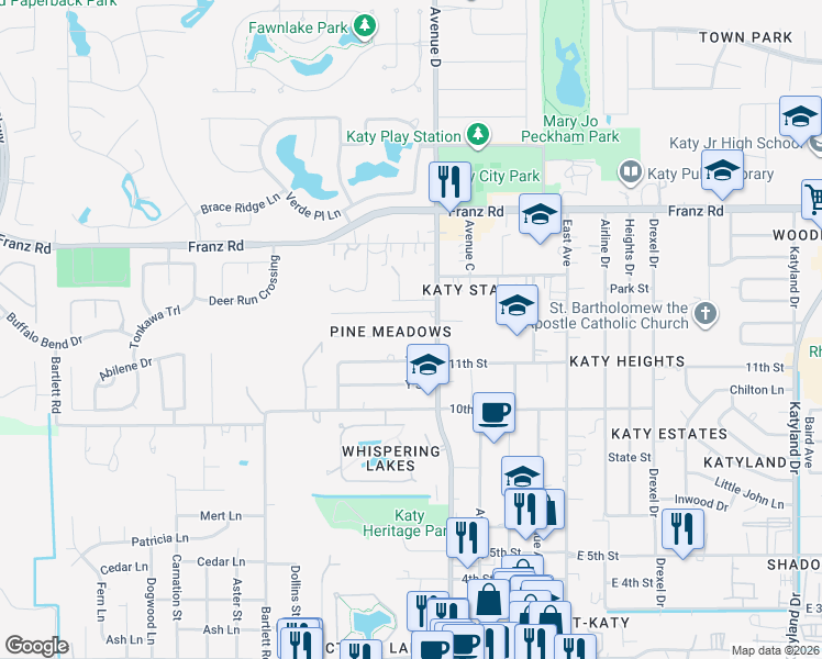 map of restaurants, bars, coffee shops, grocery stores, and more near 5809 A Street in Katy