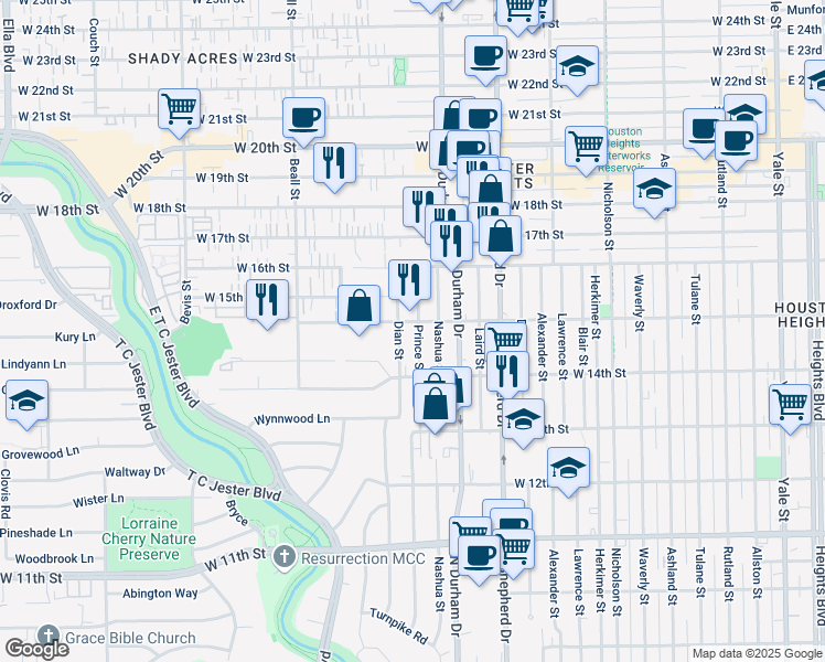 map of restaurants, bars, coffee shops, grocery stores, and more near 1437 Prince Street in Houston