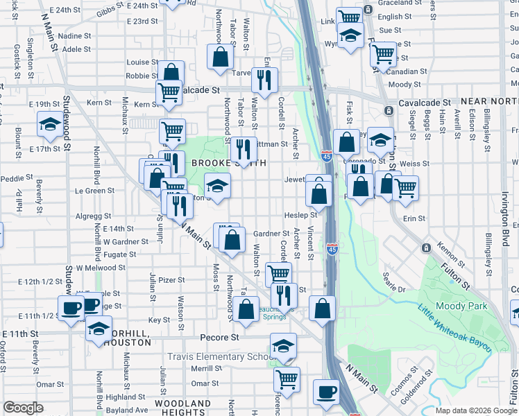 map of restaurants, bars, coffee shops, grocery stores, and more near 704 Walton Street in Houston