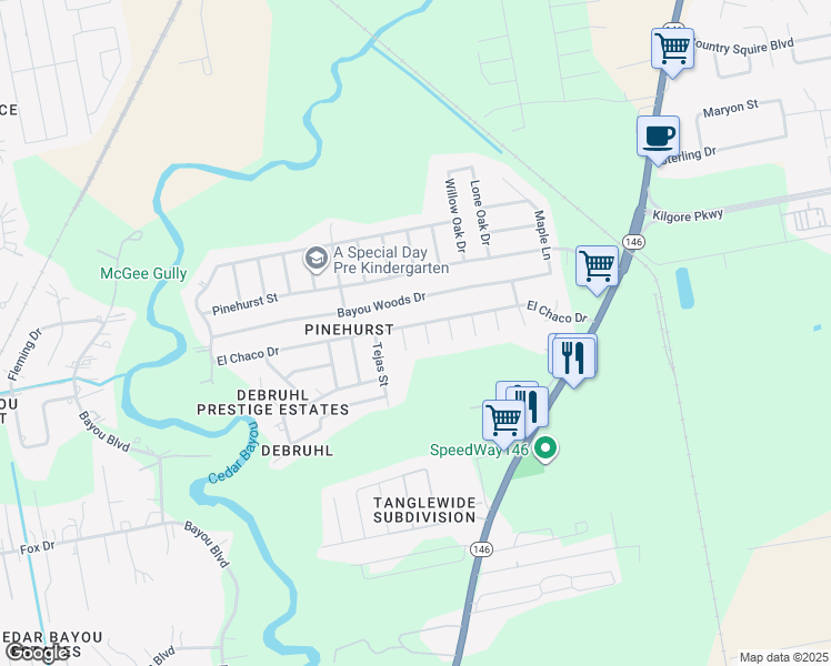 map of restaurants, bars, coffee shops, grocery stores, and more near 9906 El Chaco Drive in Baytown