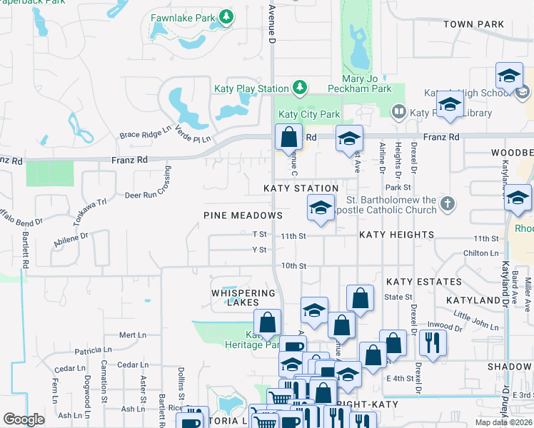 map of restaurants, bars, coffee shops, grocery stores, and more near 5809 A Street in Katy