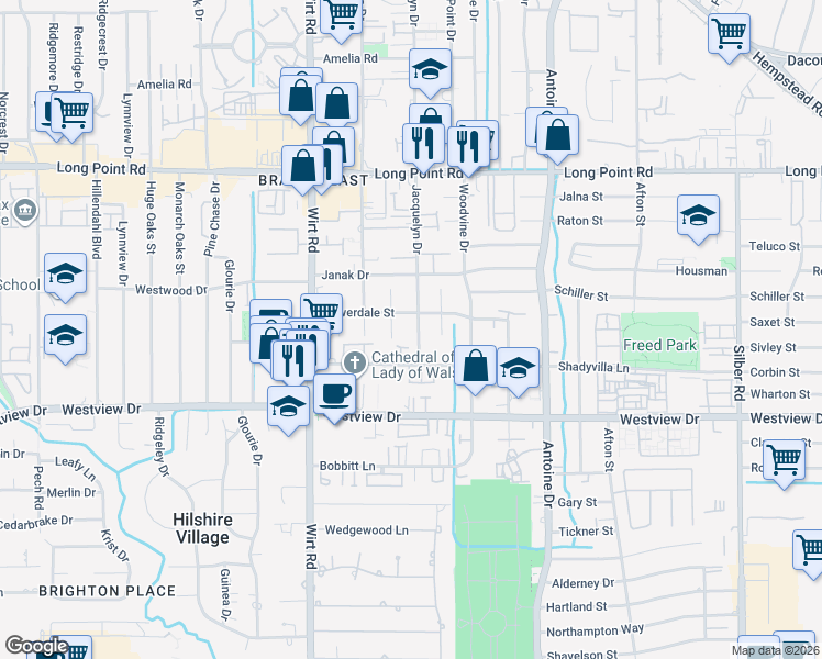 map of restaurants, bars, coffee shops, grocery stores, and more near 1509 Jacquelyn Drive in Houston