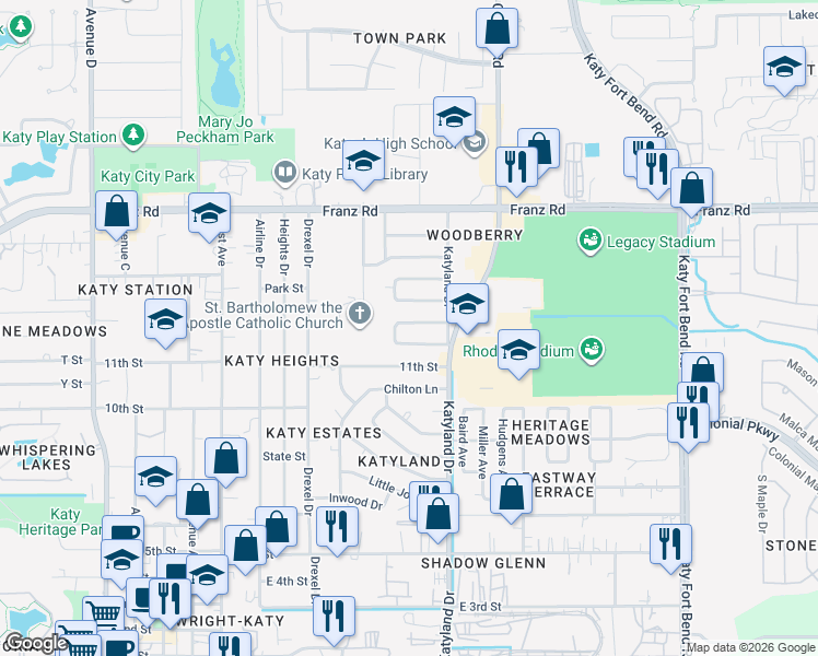 map of restaurants, bars, coffee shops, grocery stores, and more near 5331 Nottingham Drive in Katy