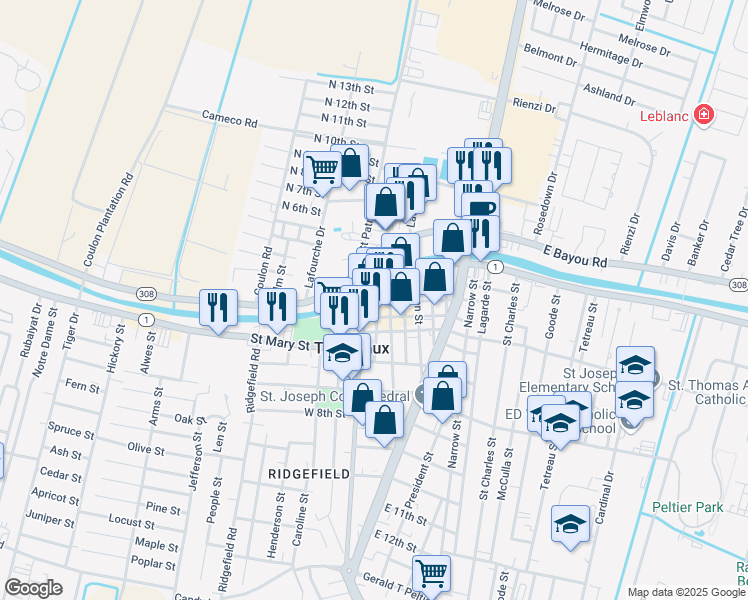 map of restaurants, bars, coffee shops, grocery stores, and more near 700 West 3rd Street in Thibodaux