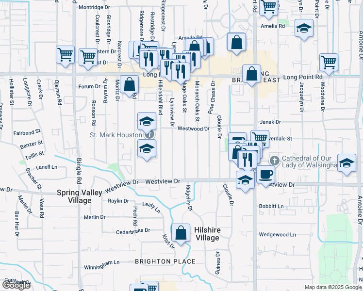 map of restaurants, bars, coffee shops, grocery stores, and more near 1505 Huge Oaks Street in Houston