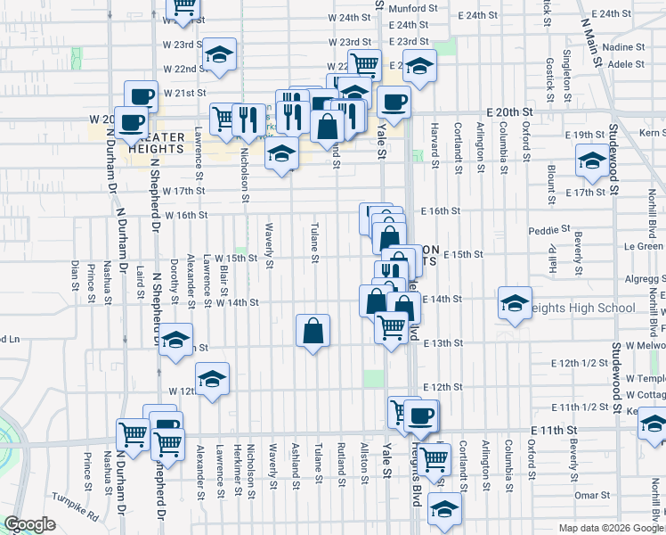 map of restaurants, bars, coffee shops, grocery stores, and more near 1435 Rutland Street in Houston