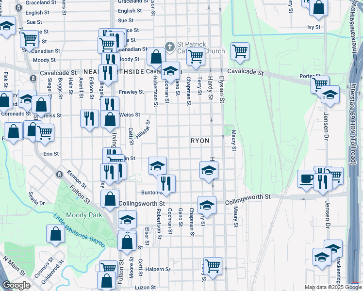 map of restaurants, bars, coffee shops, grocery stores, and more near 4102 Gano Street in Houston
