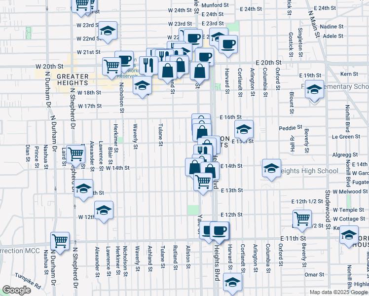 map of restaurants, bars, coffee shops, grocery stores, and more near 1443 Allston Street in Houston