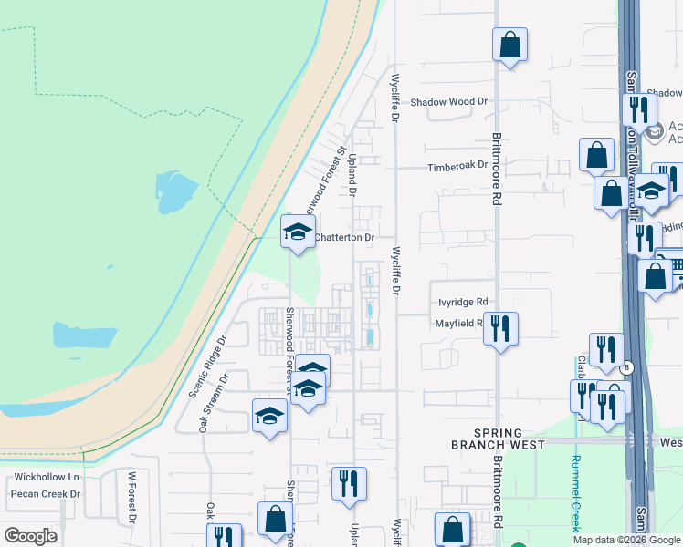 map of restaurants, bars, coffee shops, grocery stores, and more near 1763 Upland Drive in Houston