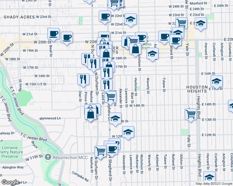 map of restaurants, bars, coffee shops, grocery stores, and more near 1438 Dorothy Street in Houston