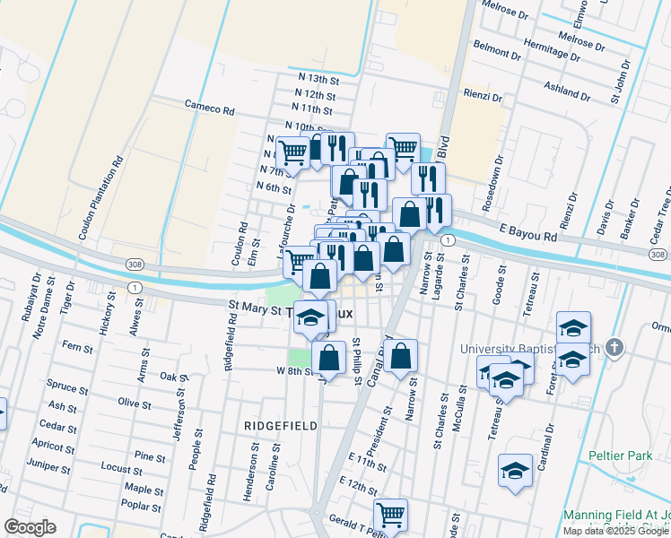 map of restaurants, bars, coffee shops, grocery stores, and more near 311 Jackson Street in Thibodaux