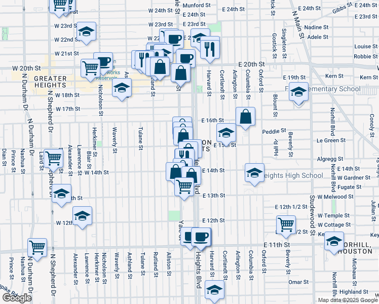 map of restaurants, bars, coffee shops, grocery stores, and more near in Houston
