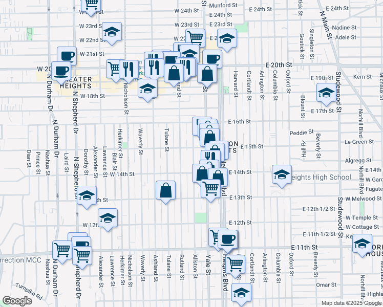 map of restaurants, bars, coffee shops, grocery stores, and more near 1434 Allston Street in Houston