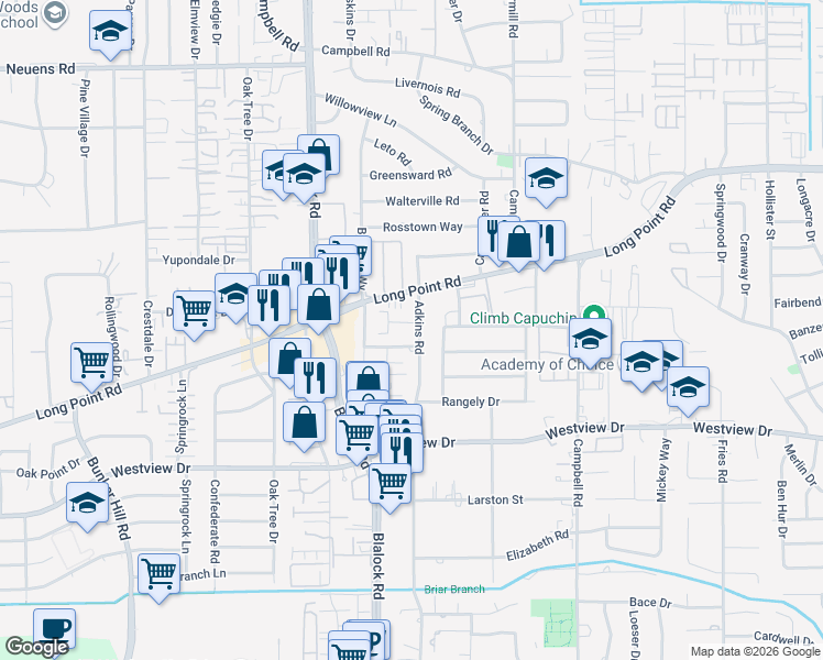 map of restaurants, bars, coffee shops, grocery stores, and more near 1510 Adkins Road in Houston
