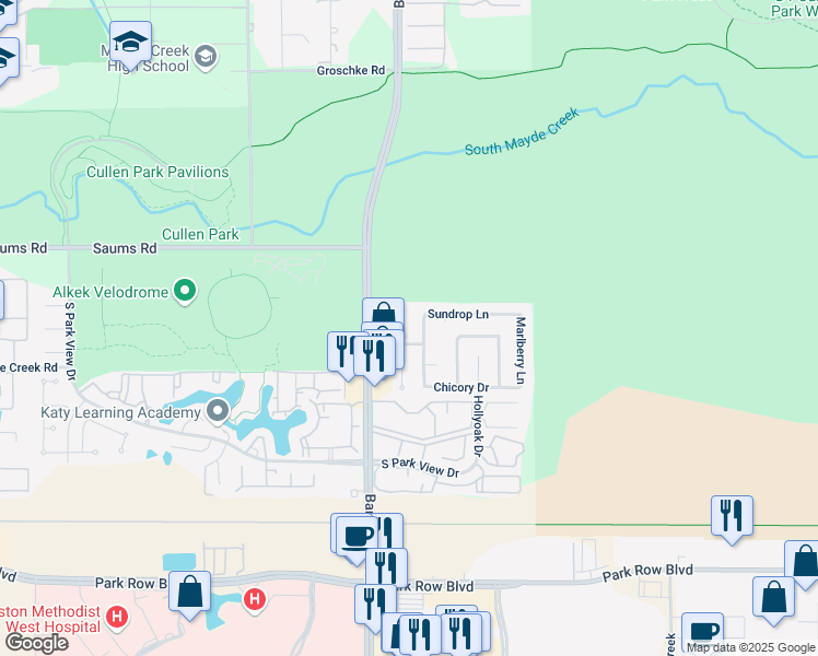 map of restaurants, bars, coffee shops, grocery stores, and more near 2011 Rainlily Drive in Houston