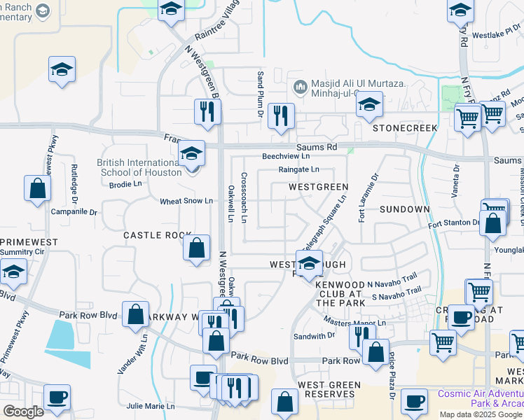 map of restaurants, bars, coffee shops, grocery stores, and more near 2022 Wheathall Camp Lane in Katy