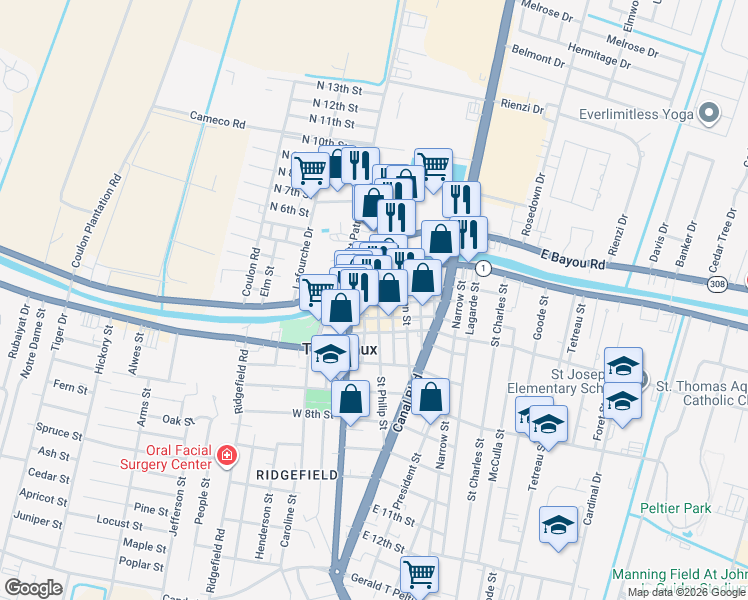 map of restaurants, bars, coffee shops, grocery stores, and more near 311 Jackson Street in Thibodaux