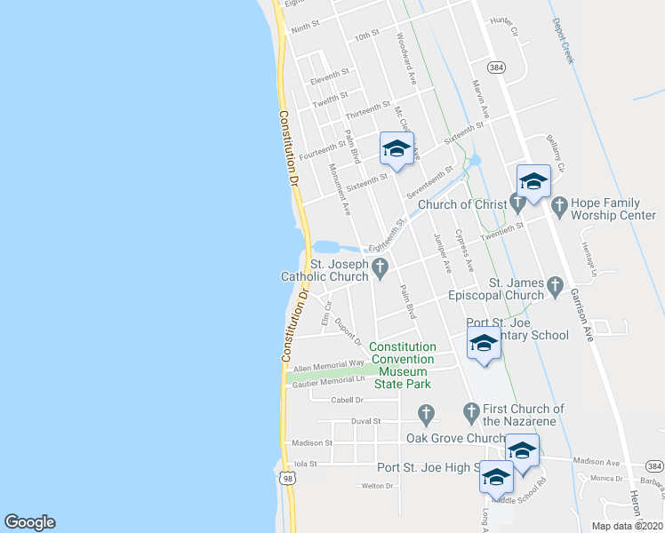 map of restaurants, bars, coffee shops, grocery stores, and more near 108 Sunset Circle in Port Saint Joe