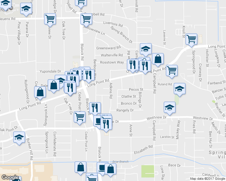 map of restaurants, bars, coffee shops, grocery stores, and more near 1510 Adkins Road in Houston