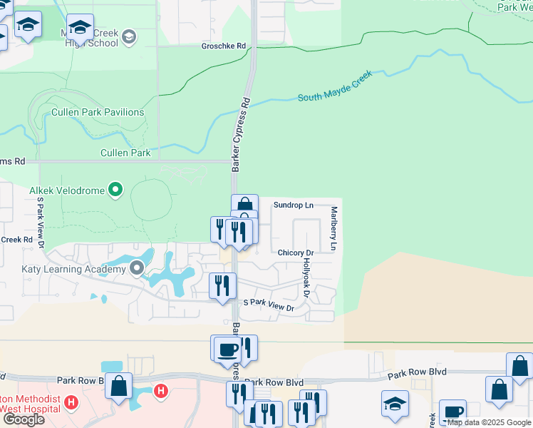 map of restaurants, bars, coffee shops, grocery stores, and more near 2011 Rainlily Drive in Houston