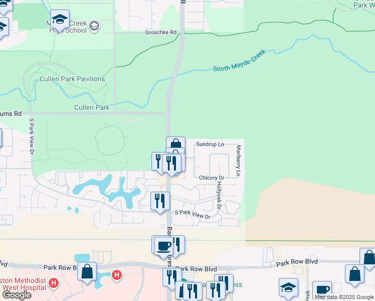 map of restaurants, bars, coffee shops, grocery stores, and more near 2011 Rainlily Drive in Houston