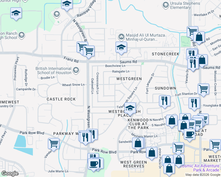 map of restaurants, bars, coffee shops, grocery stores, and more near 2019 Westfork Drive in Katy