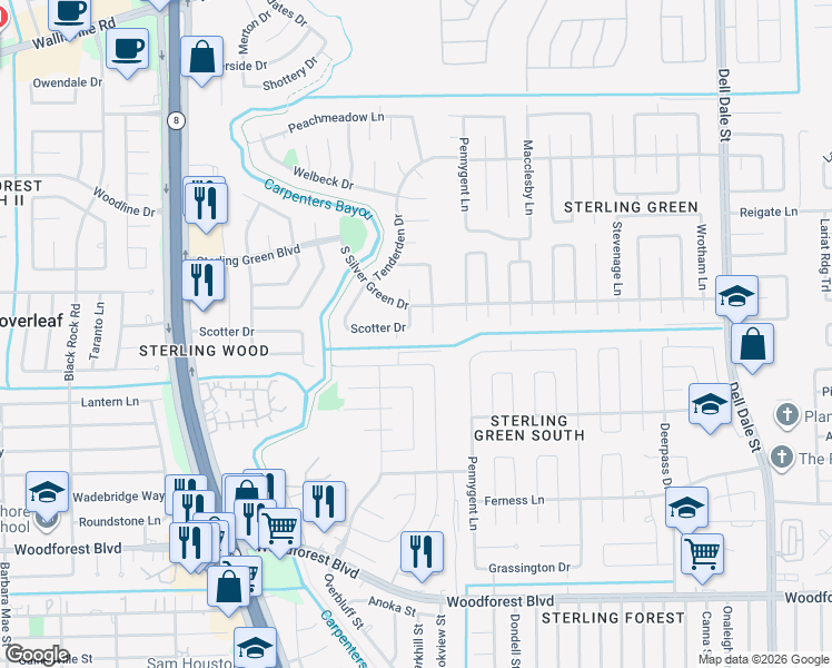 map of restaurants, bars, coffee shops, grocery stores, and more near 14958 Scotter Drive in Channelview