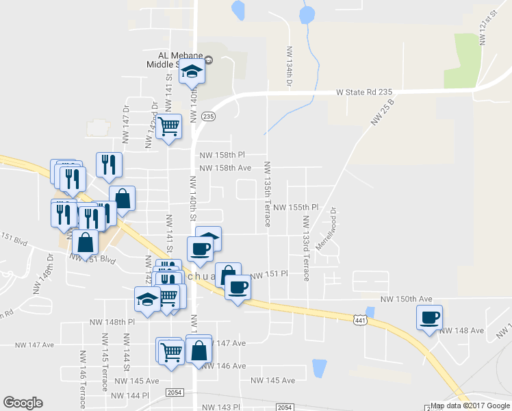 map of restaurants, bars, coffee shops, grocery stores, and more near 15572 Northwest 136th Terrace in Alachua