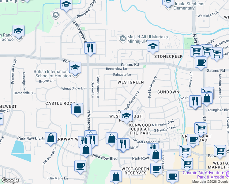 map of restaurants, bars, coffee shops, grocery stores, and more near 2019 Westfork Drive in Katy