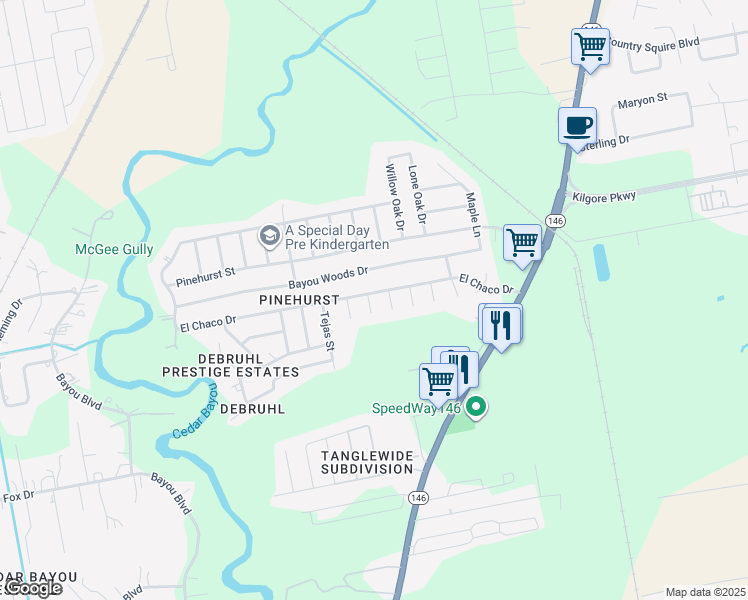 map of restaurants, bars, coffee shops, grocery stores, and more near 9906 El Chaco Drive in Baytown