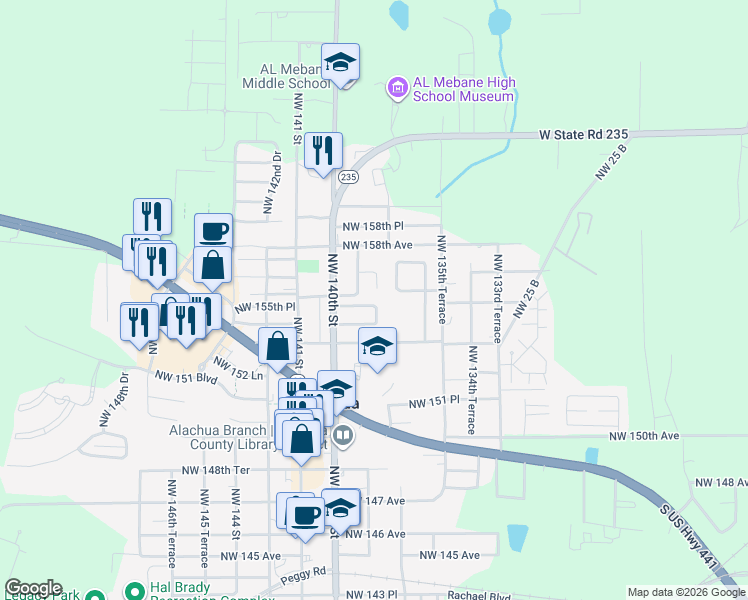 map of restaurants, bars, coffee shops, grocery stores, and more near 13810 Northwest 155th Lane in Alachua